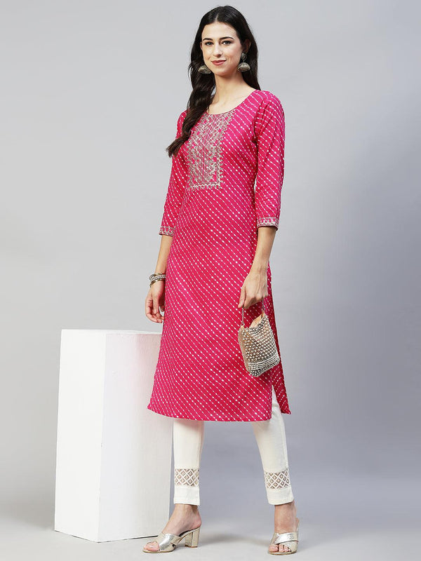 Leheriya Printed & Embroidered Straight Fit Kurta - Rani Pink - Indiakreations