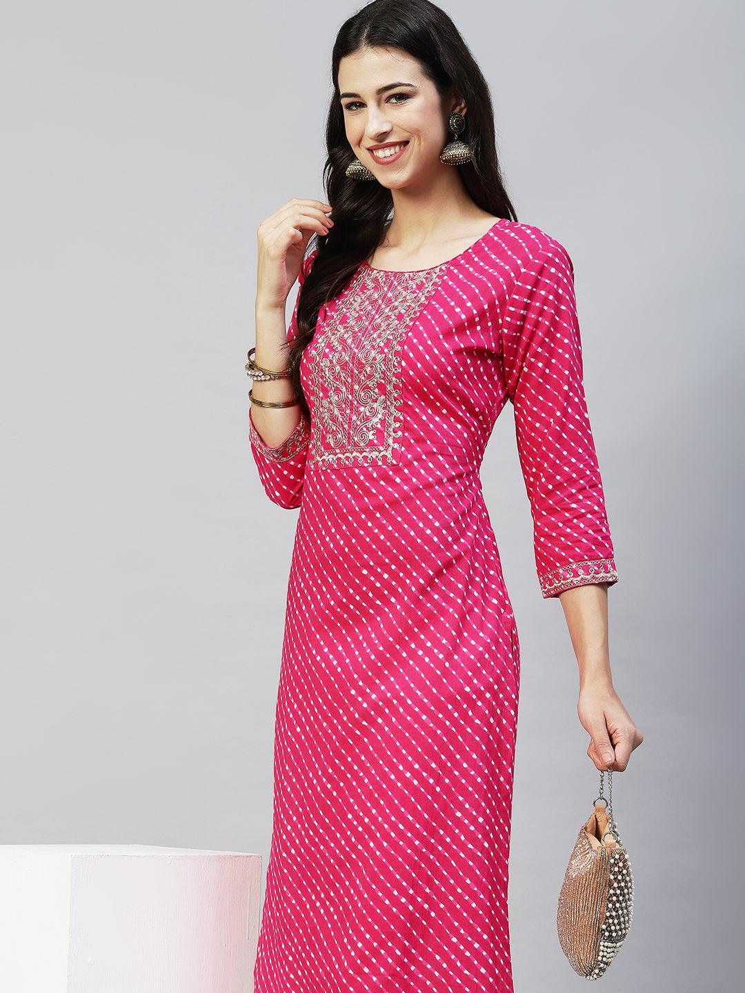 Leheriya Printed & Embroidered Straight Fit Kurta - Rani Pink - Indiakreations