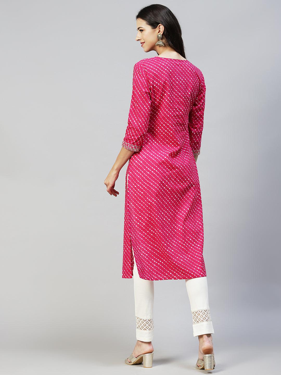 Leheriya Printed & Embroidered Straight Fit Kurta - Rani Pink - Indiakreations