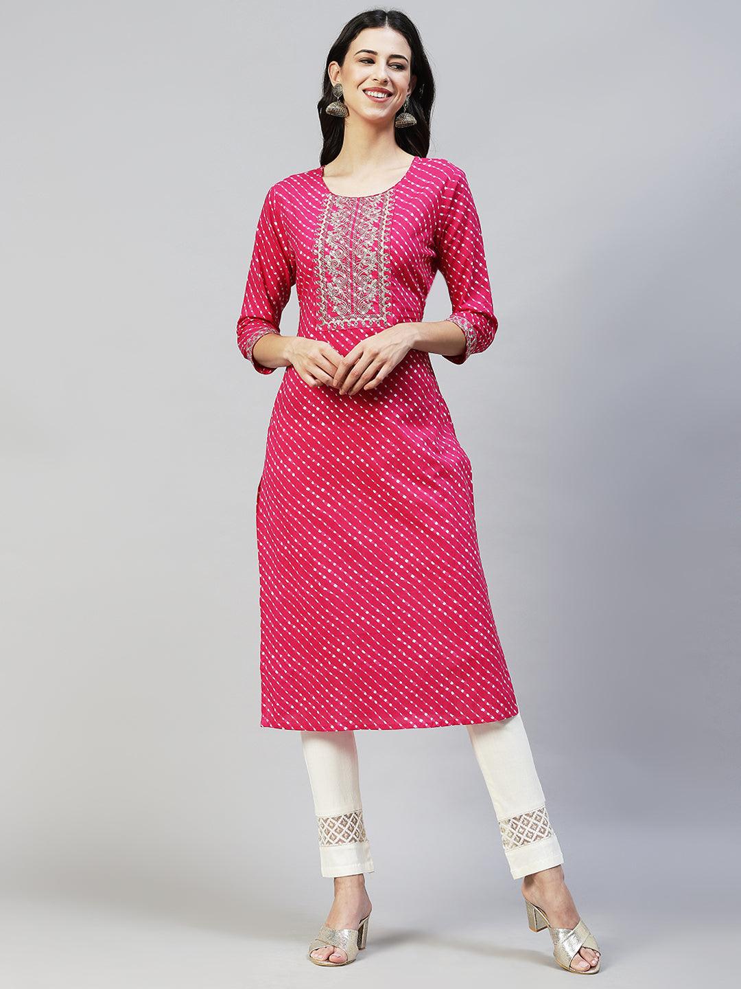 Leheriya Printed & Embroidered Straight Fit Kurta - Rani Pink - Indiakreations