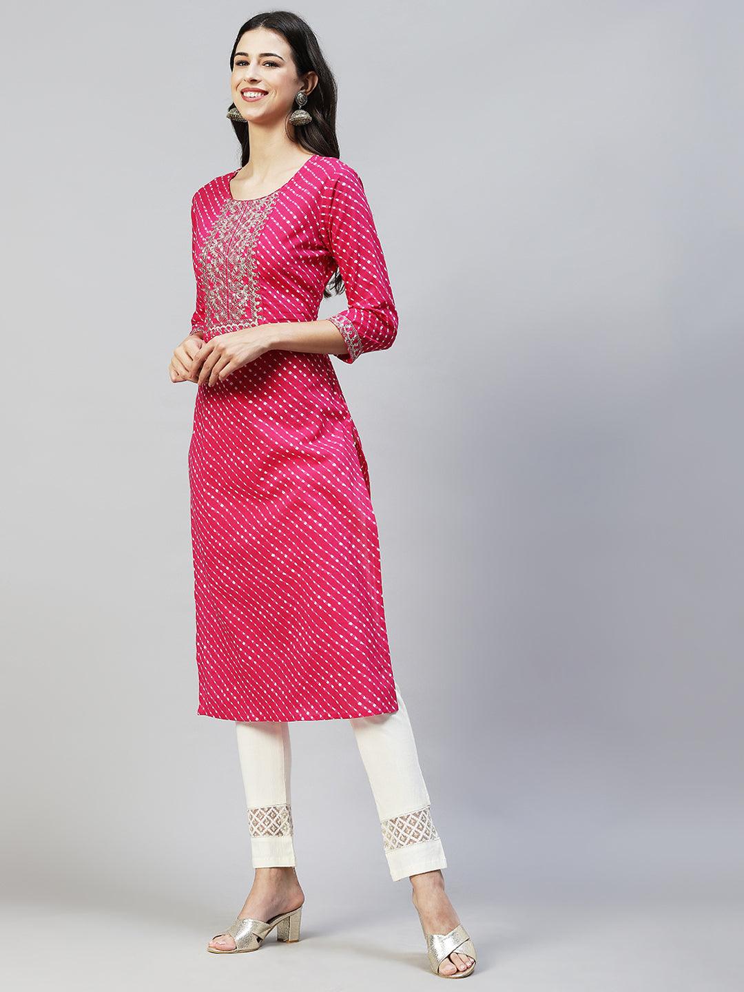 Leheriya Printed & Embroidered Straight Fit Kurta - Rani Pink - Indiakreations