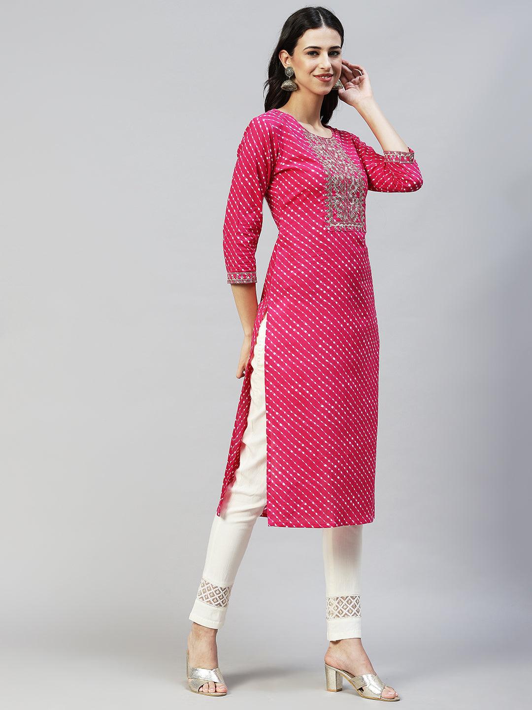 Leheriya Printed & Embroidered Straight Fit Kurta - Rani Pink - Indiakreations