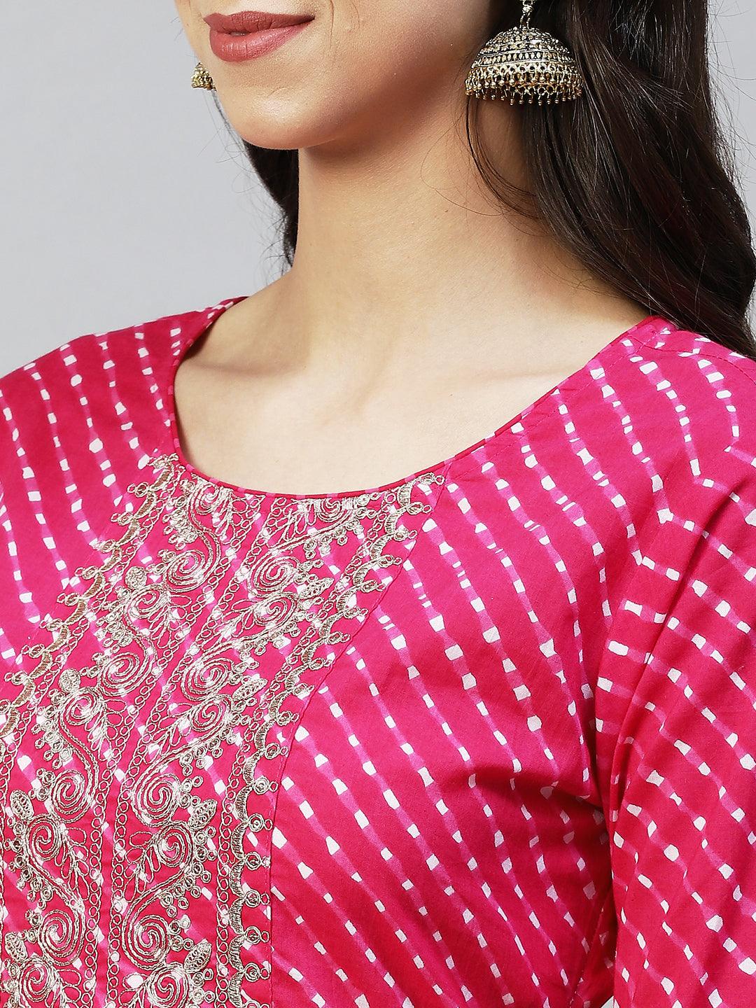 Leheriya Printed & Embroidered Straight Fit Kurta - Rani Pink - Indiakreations