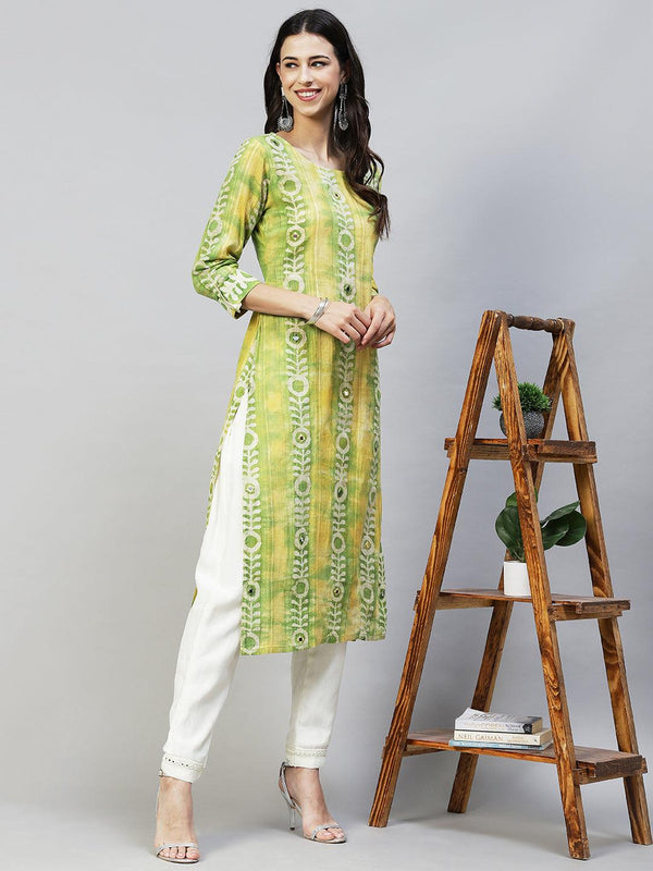 Ethnic Stripes Printed & Embroidered Straight Fit Kurta - Multi - Indiakreations