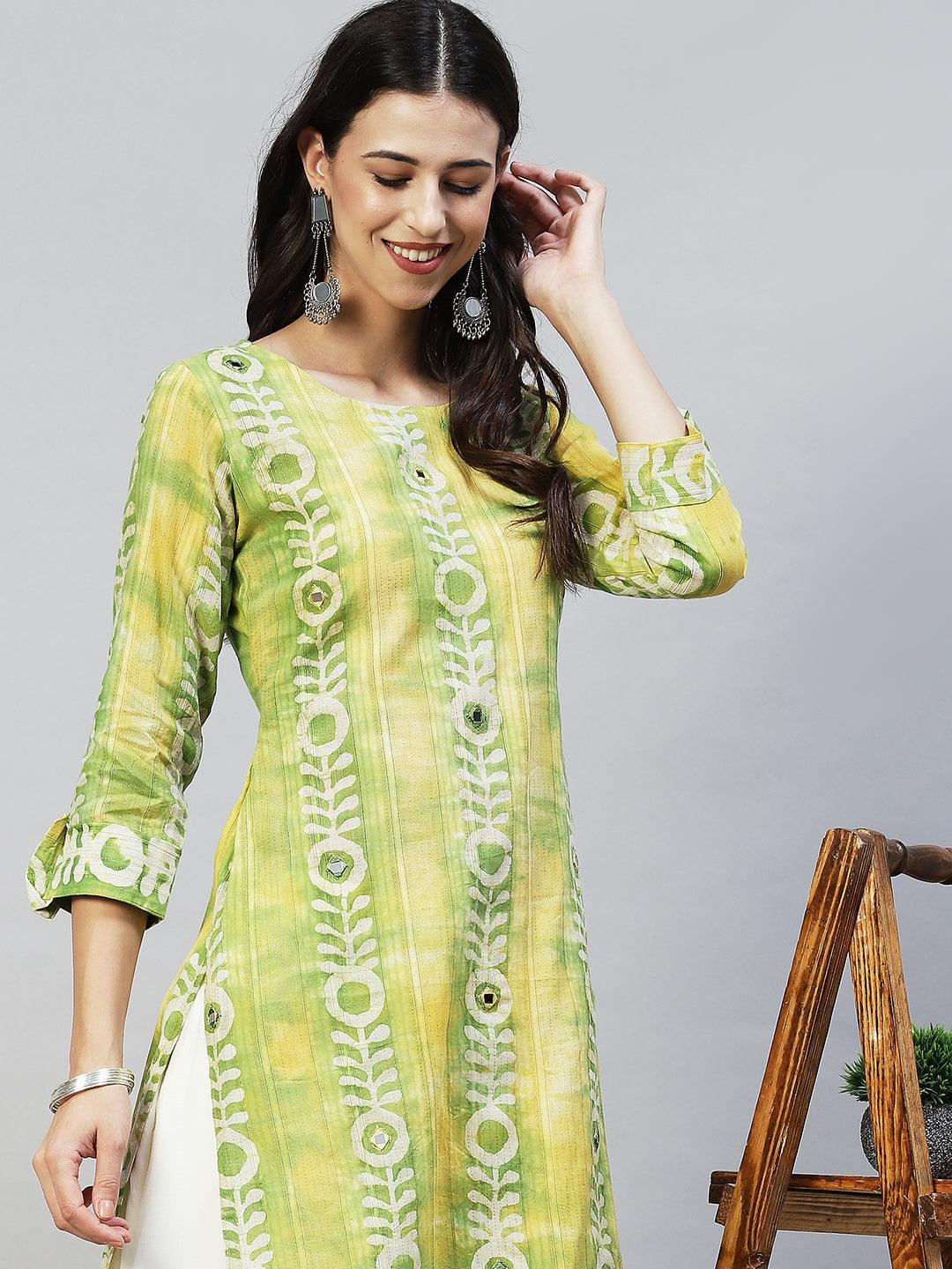 Ethnic Stripes Printed & Embroidered Straight Fit Kurta - Multi - Indiakreations