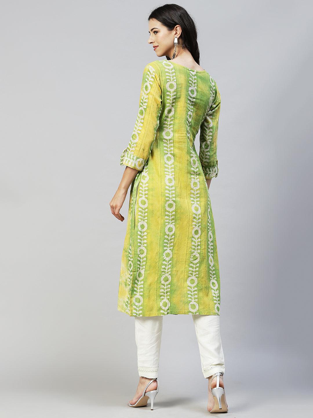 Ethnic Stripes Printed & Embroidered Straight Fit Kurta - Multi - Indiakreations