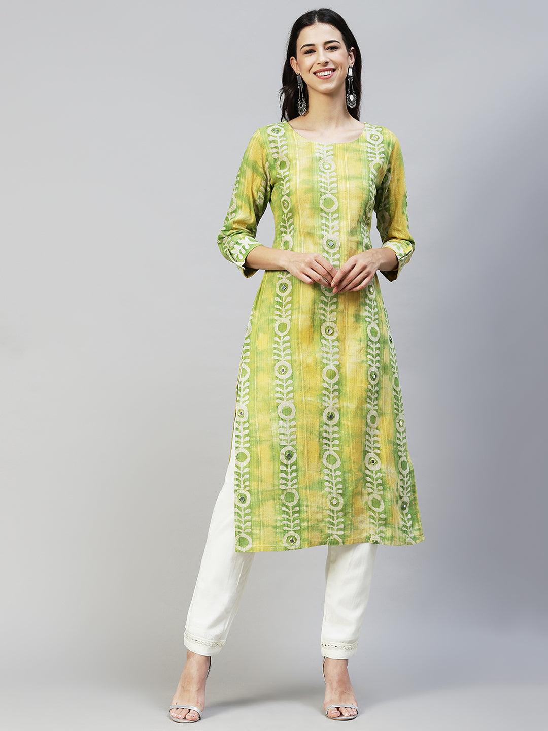 Ethnic Stripes Printed & Embroidered Straight Fit Kurta - Multi - Indiakreations