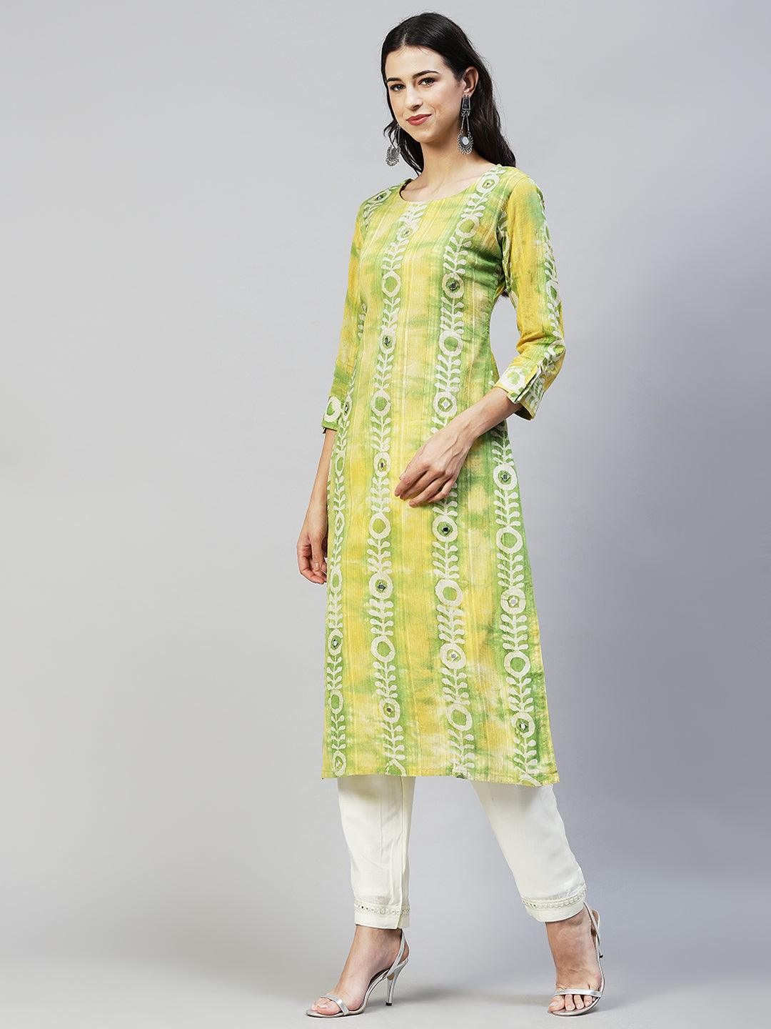 Ethnic Stripes Printed & Embroidered Straight Fit Kurta - Multi - Indiakreations