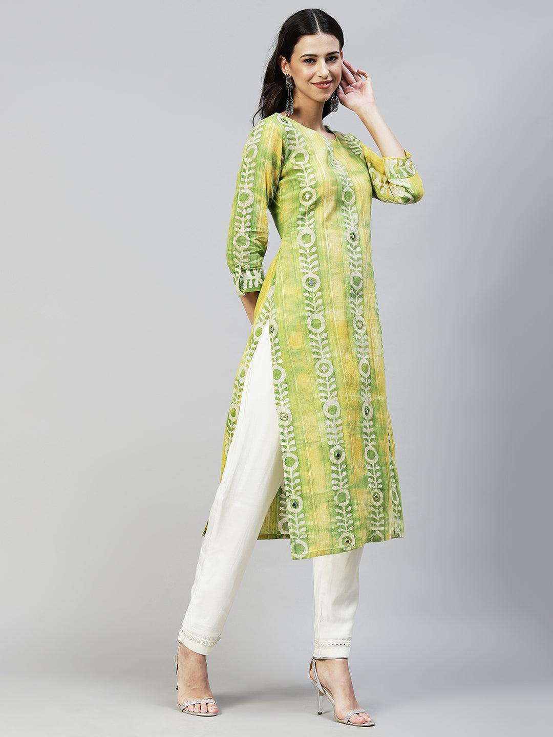 Ethnic Stripes Printed & Embroidered Straight Fit Kurta - Multi - Indiakreations