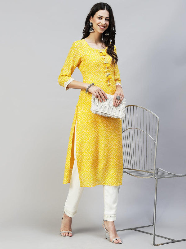 Bandhani Printed & Embroidered Straight Fit Kurta - Yellow - Indiakreations