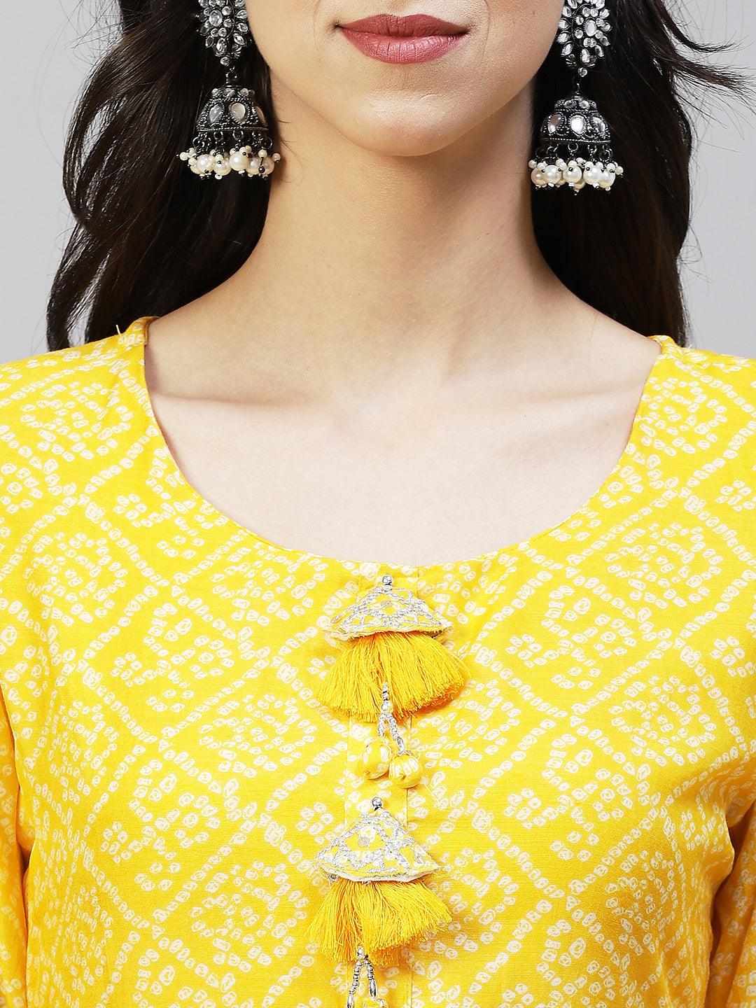 Bandhani Printed & Embroidered Straight Fit Kurta - Yellow - Indiakreations