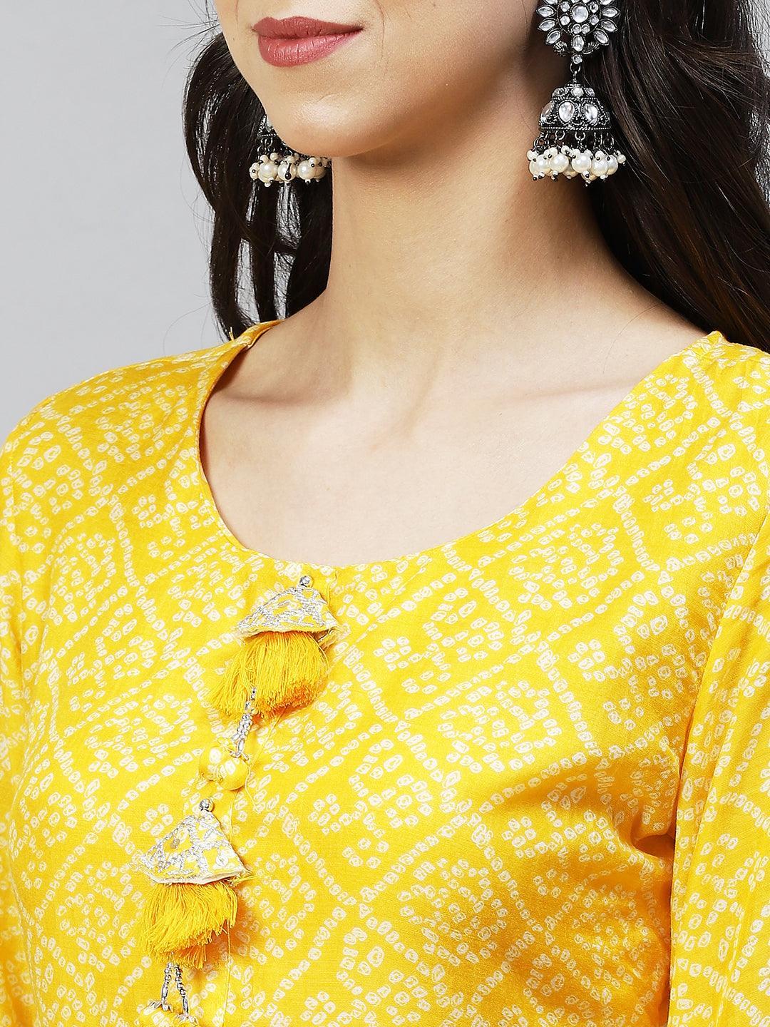 Bandhani Printed & Embroidered Straight Fit Kurta - Yellow - Indiakreations