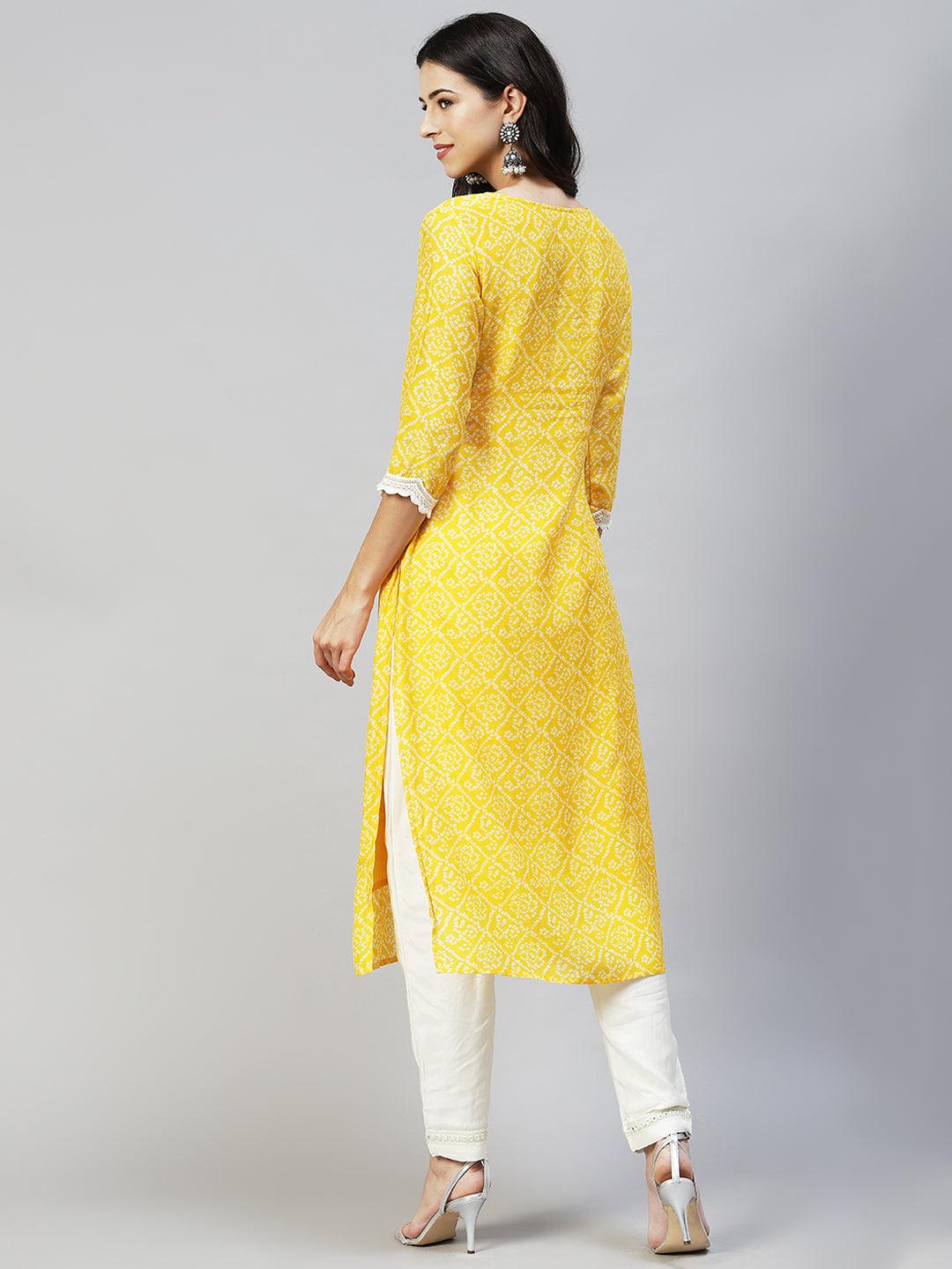 Bandhani Printed & Embroidered Straight Fit Kurta - Yellow - Indiakreations