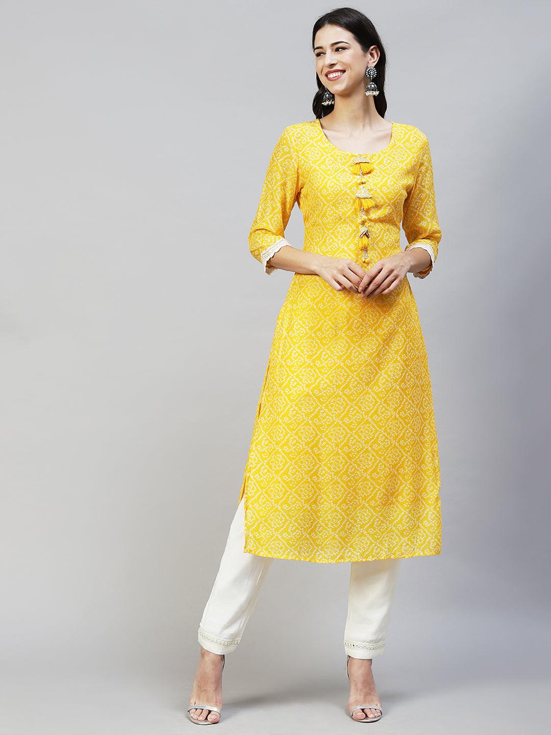 Bandhani Printed & Embroidered Straight Fit Kurta - Yellow - Indiakreations