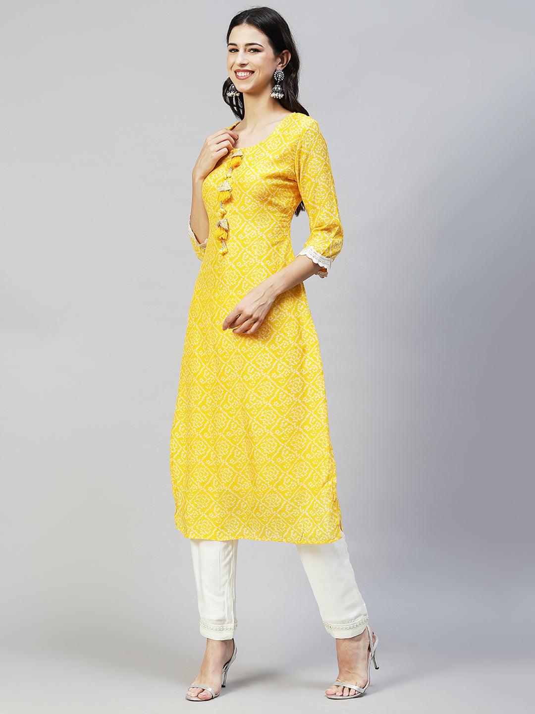 Bandhani Printed & Embroidered Straight Fit Kurta - Yellow - Indiakreations