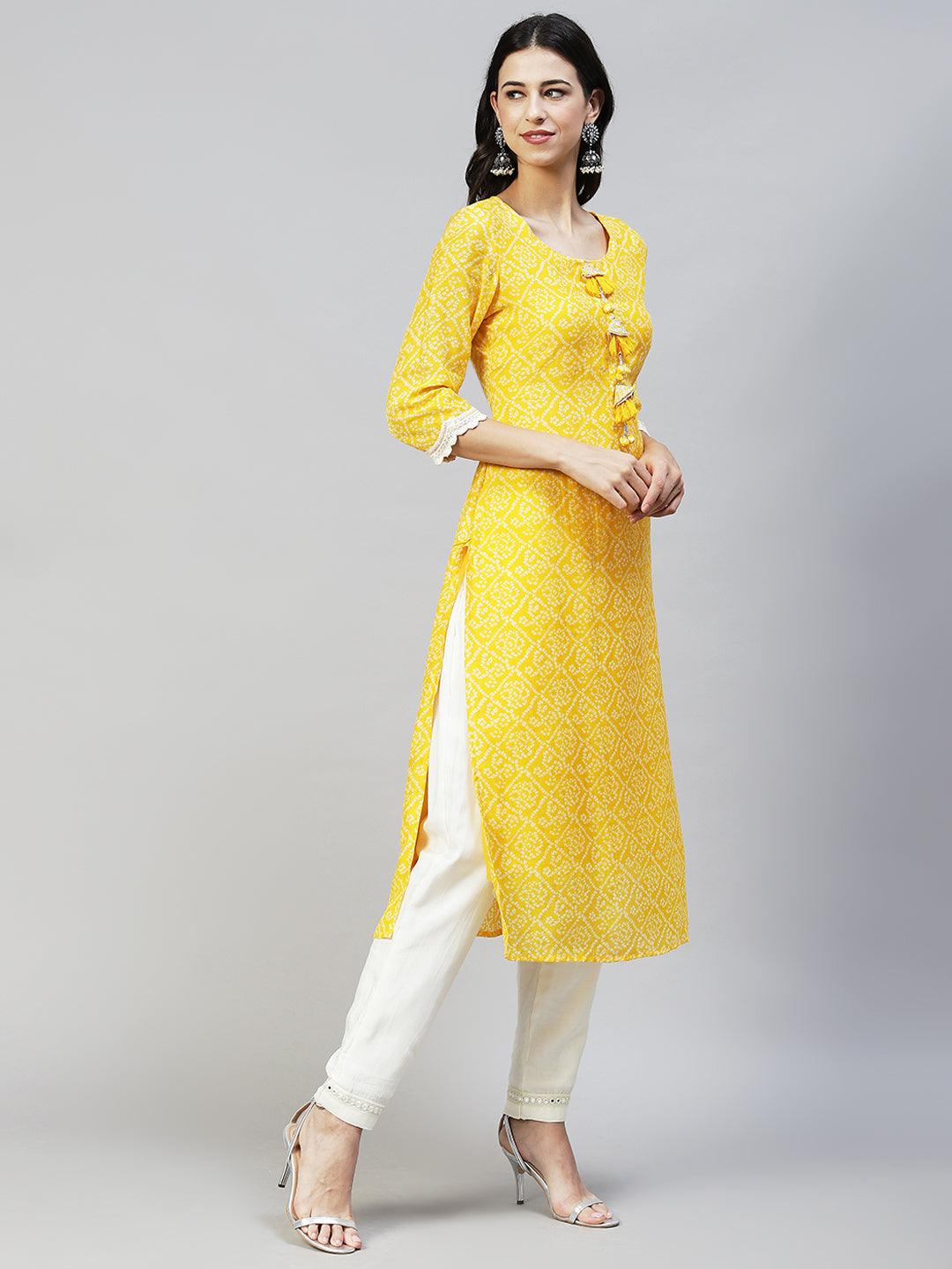 Bandhani Printed & Embroidered Straight Fit Kurta - Yellow - Indiakreations