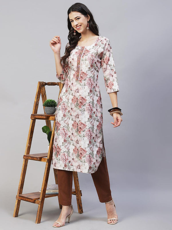 Floral Printed & Hand Embroidered Straight Fit Kurta - Multi - Indiakreations