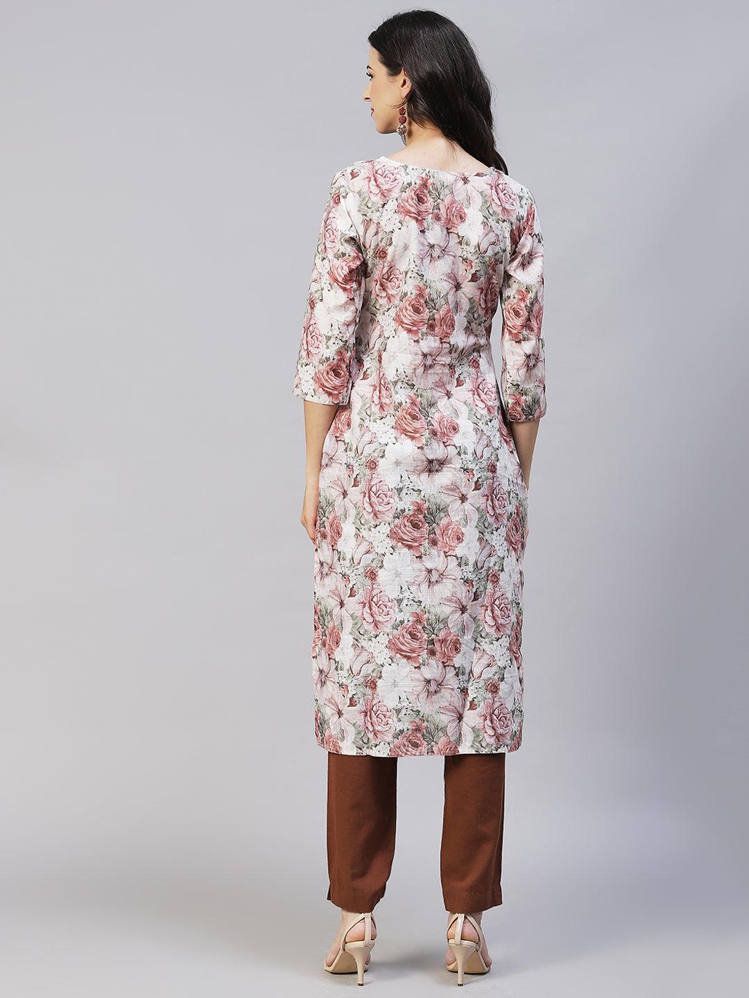 Floral Printed & Hand Embroidered Straight Fit Kurta - Multi - Indiakreations