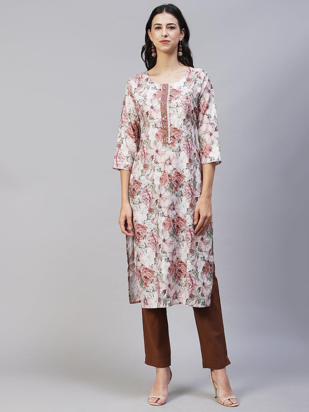 Floral Printed & Hand Embroidered Straight Fit Kurta - Multi - Indiakreations