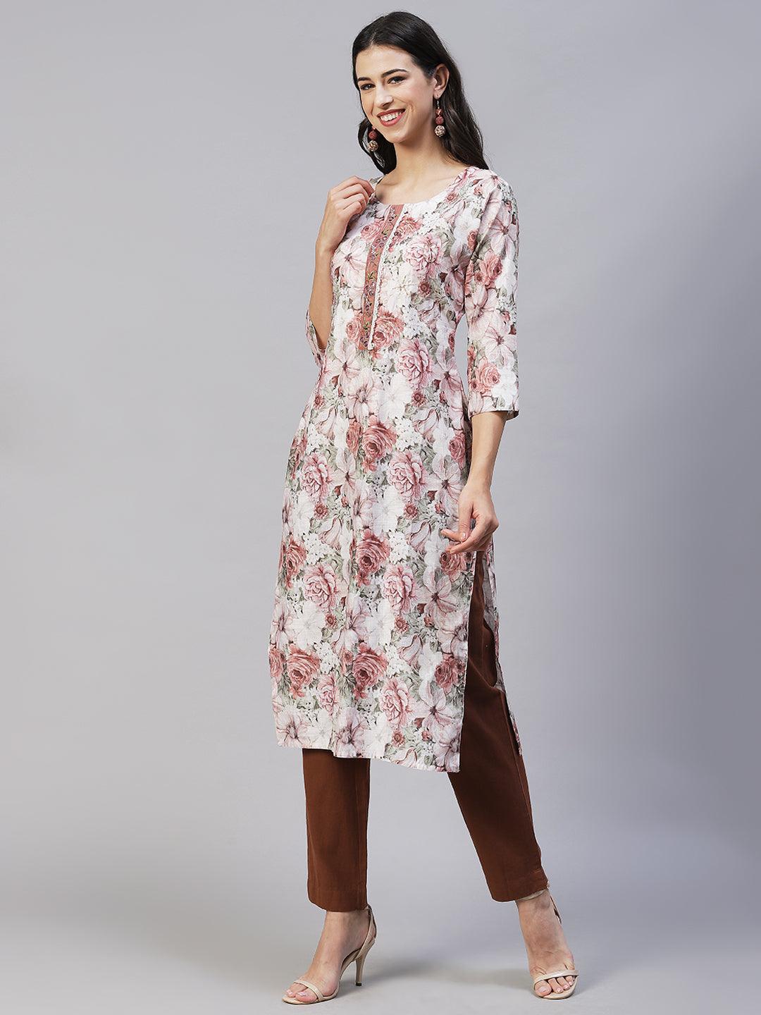 Floral Printed & Hand Embroidered Straight Fit Kurta - Multi - Indiakreations