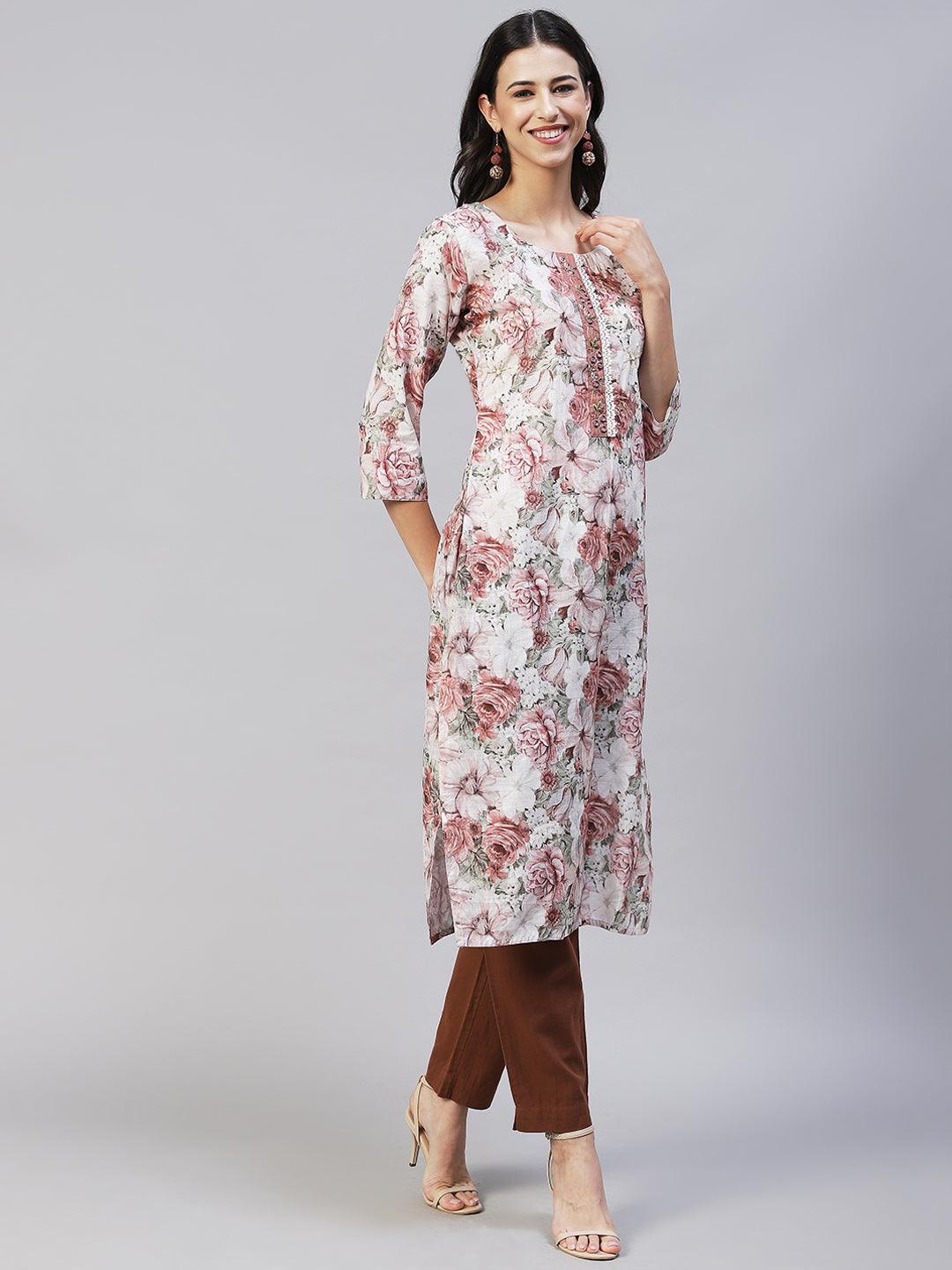 Floral Printed & Hand Embroidered Straight Fit Kurta - Multi - Indiakreations