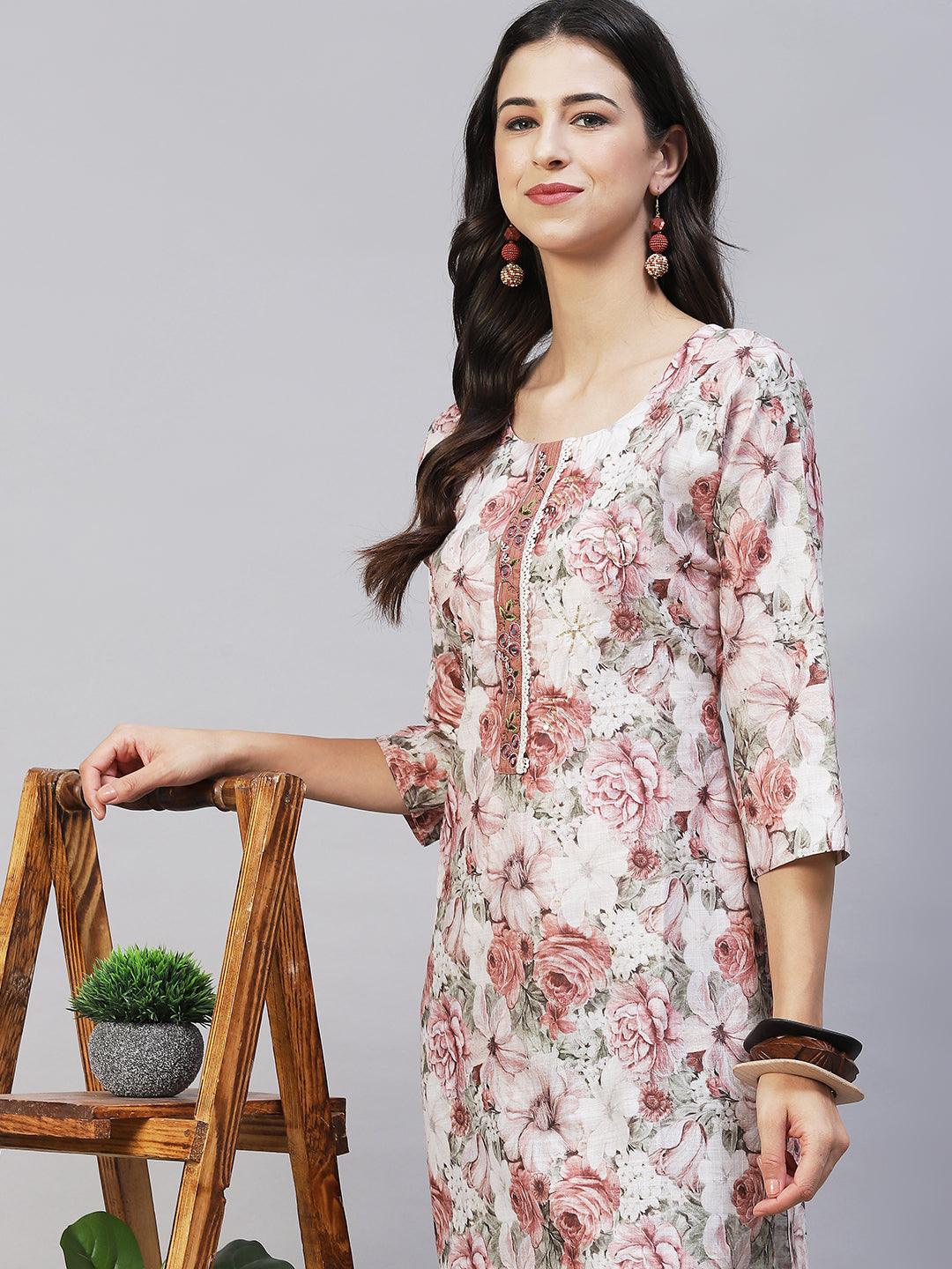 Floral Printed & Hand Embroidered Straight Fit Kurta - Multi - Indiakreations