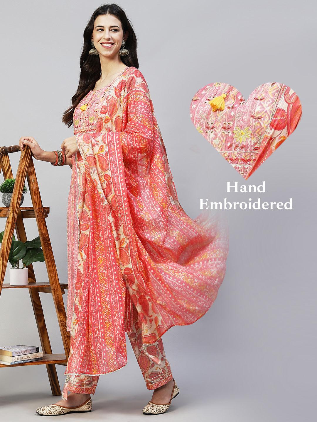 Ethnic Stripes Printed & Hand Embroidered Kurta with Pants & Dupatta - Pink - Indiakreations