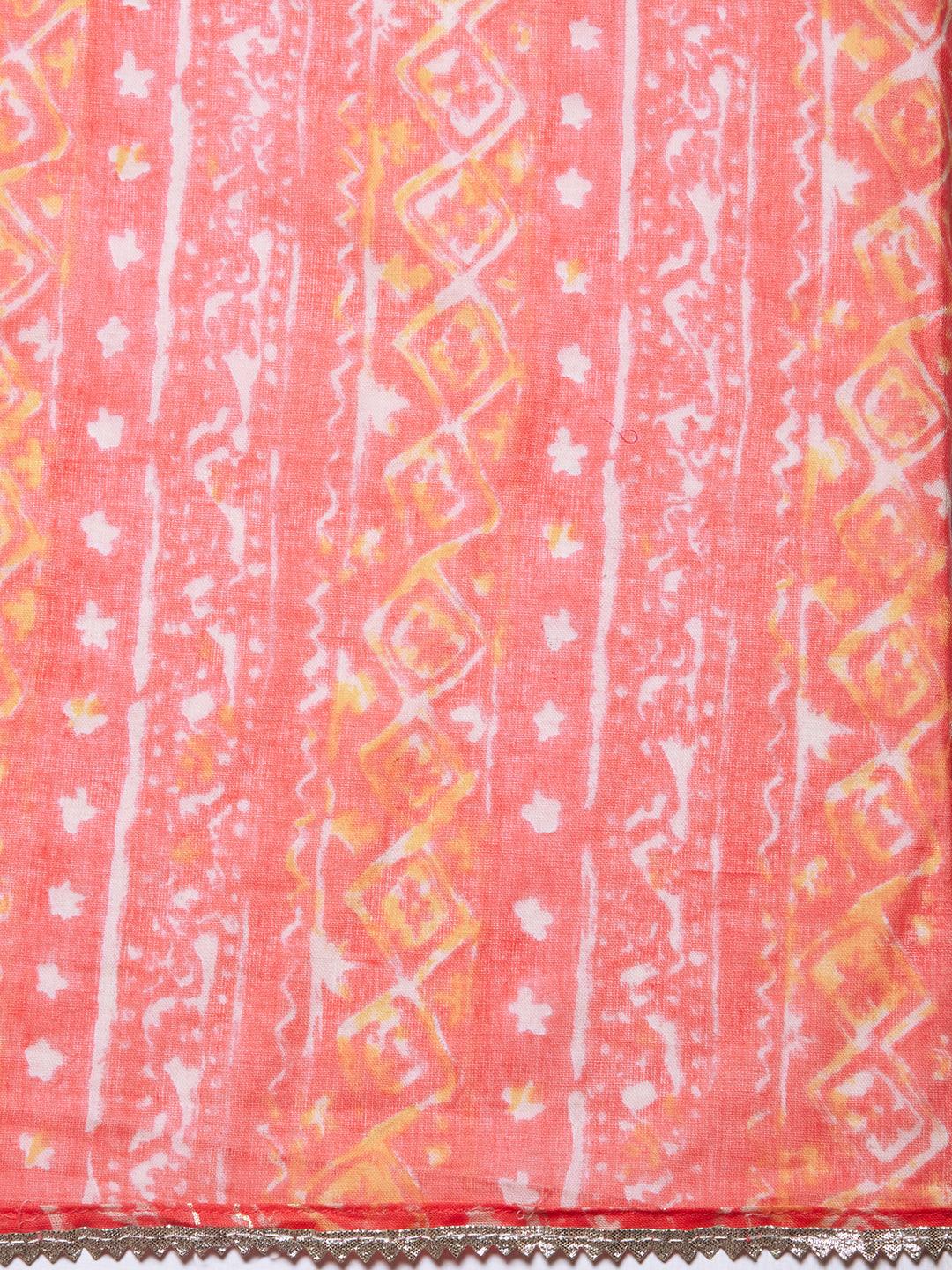 Ethnic Stripes Printed & Hand Embroidered Kurta with Pants & Dupatta - Pink - Indiakreations