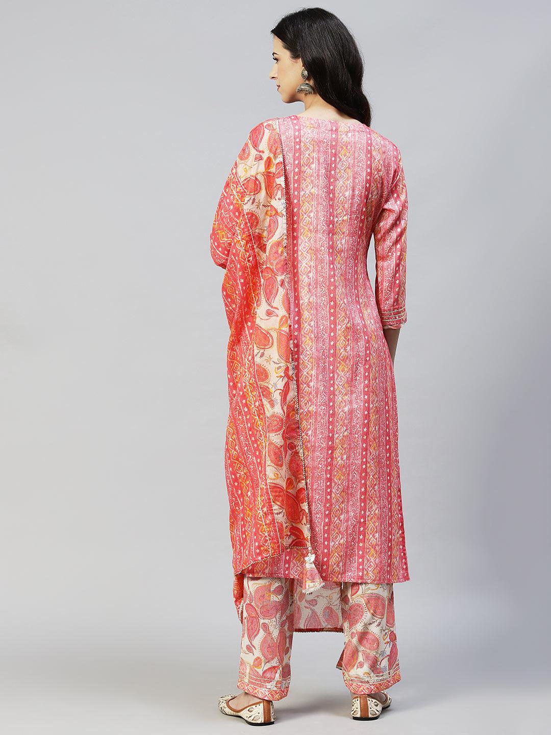 Ethnic Stripes Printed & Hand Embroidered Kurta with Pants & Dupatta - Pink - Indiakreations