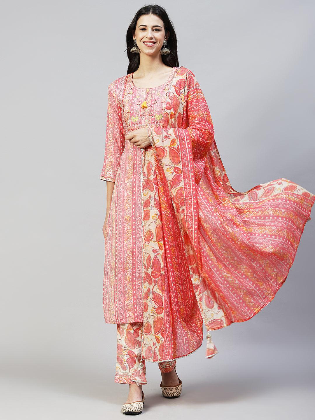 Ethnic Stripes Printed & Hand Embroidered Kurta with Pants & Dupatta - Pink - Indiakreations