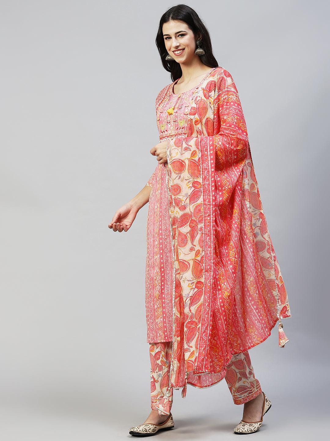 Ethnic Stripes Printed & Hand Embroidered Kurta with Pants & Dupatta - Pink - Indiakreations