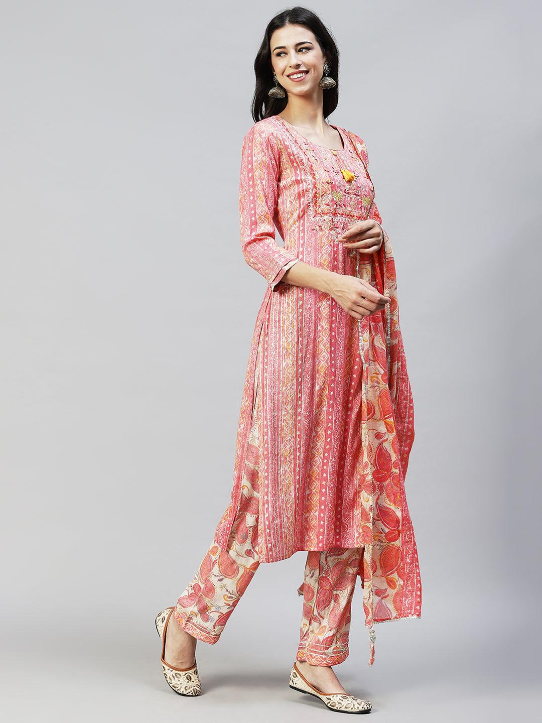 Ethnic Stripes Printed & Hand Embroidered Kurta with Pants & Dupatta - Pink - Indiakreations