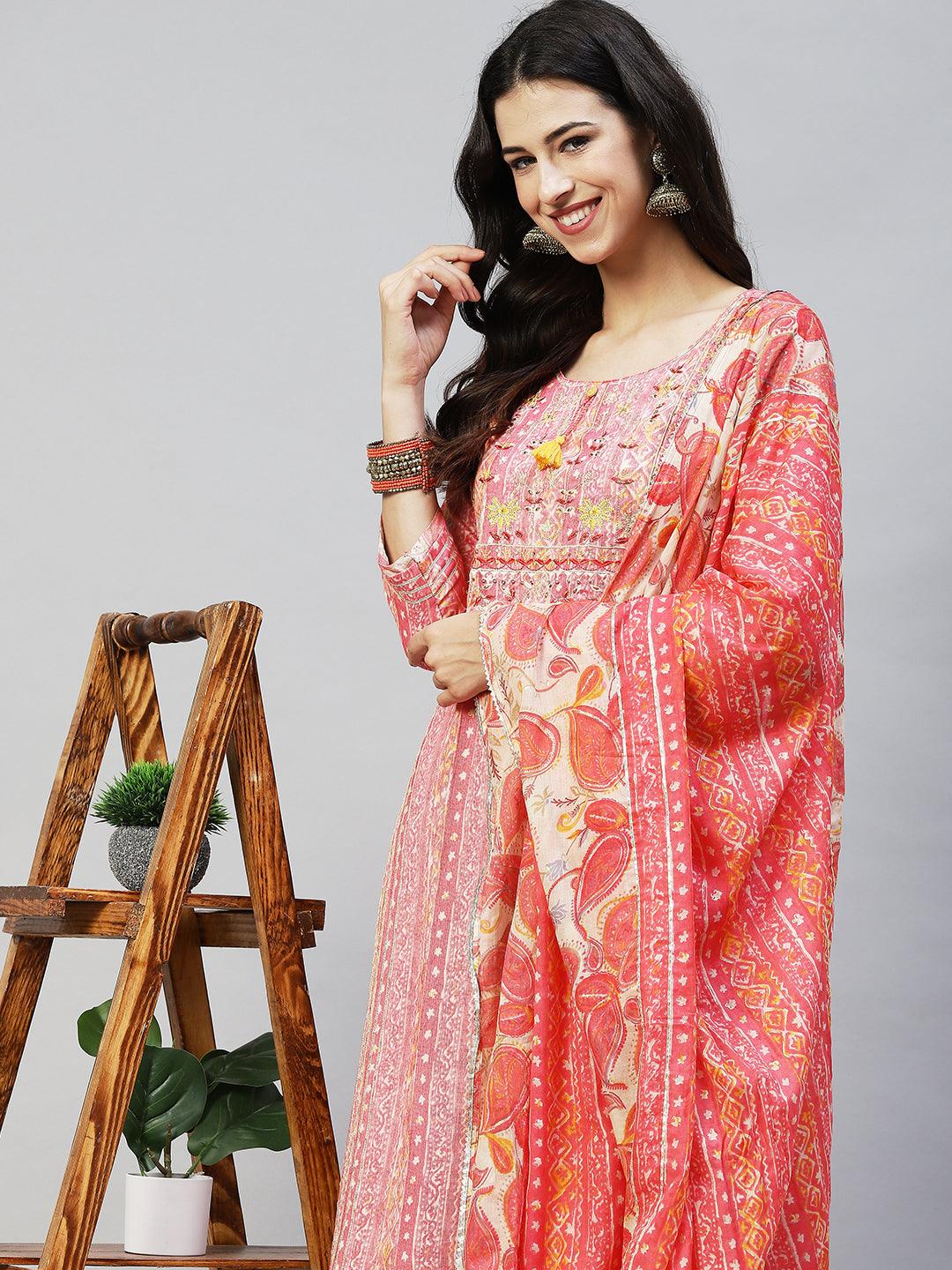 Ethnic Stripes Printed & Hand Embroidered Kurta with Pants & Dupatta - Pink - Indiakreations