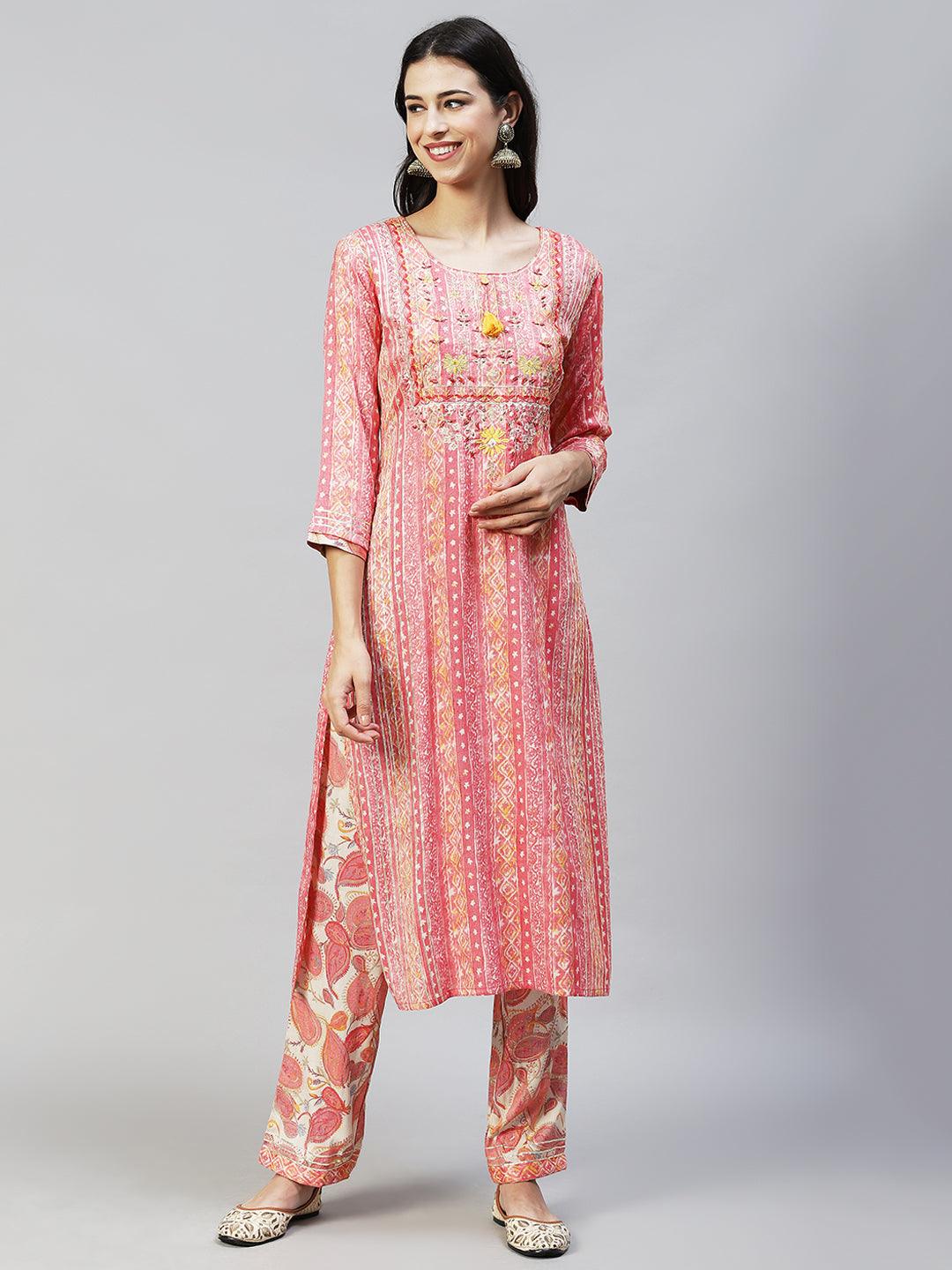 Ethnic Stripes Printed & Hand Embroidered Kurta with Pants & Dupatta - Pink - Indiakreations