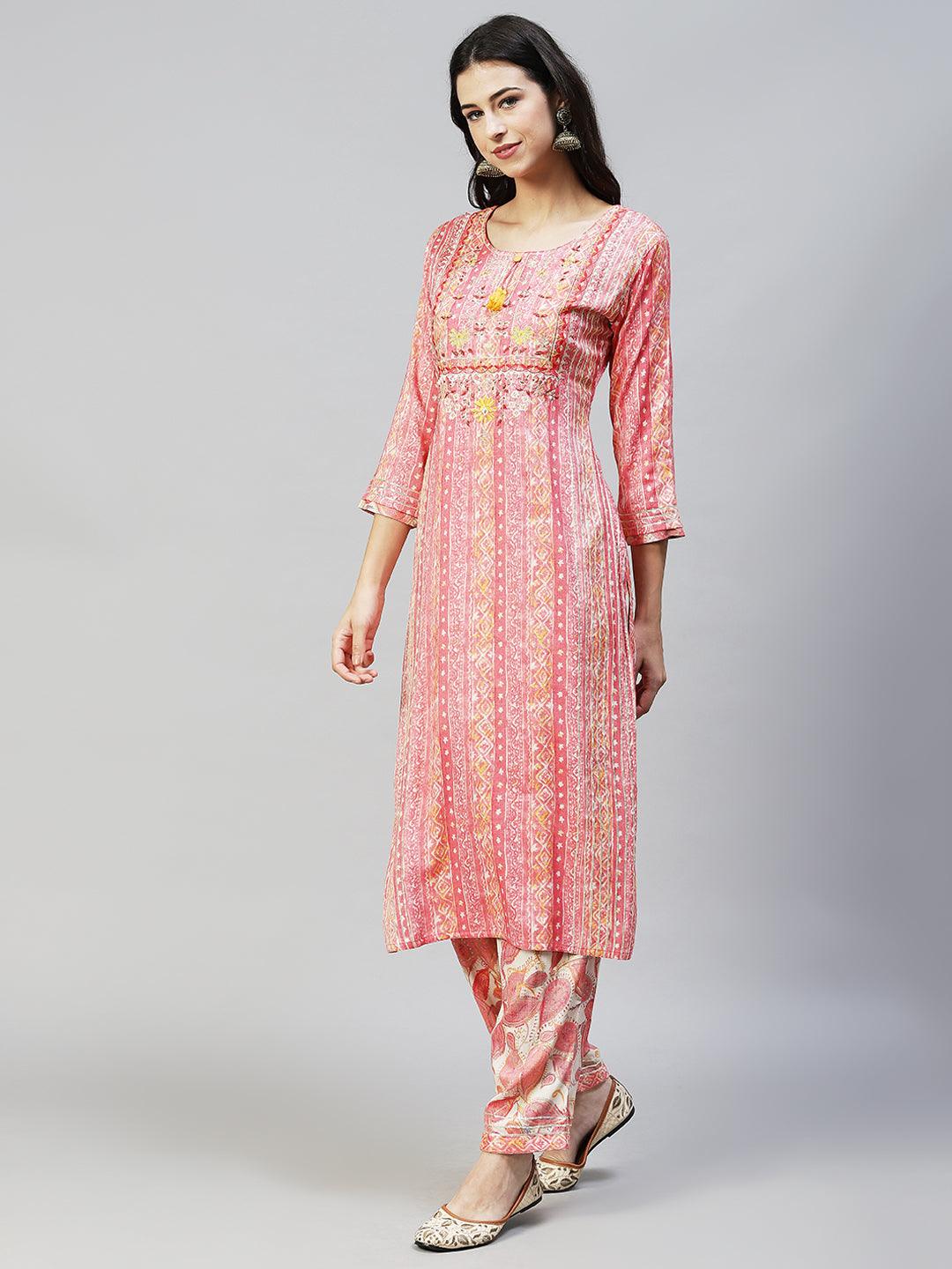 Ethnic Stripes Printed & Hand Embroidered Kurta with Pants & Dupatta - Pink - Indiakreations