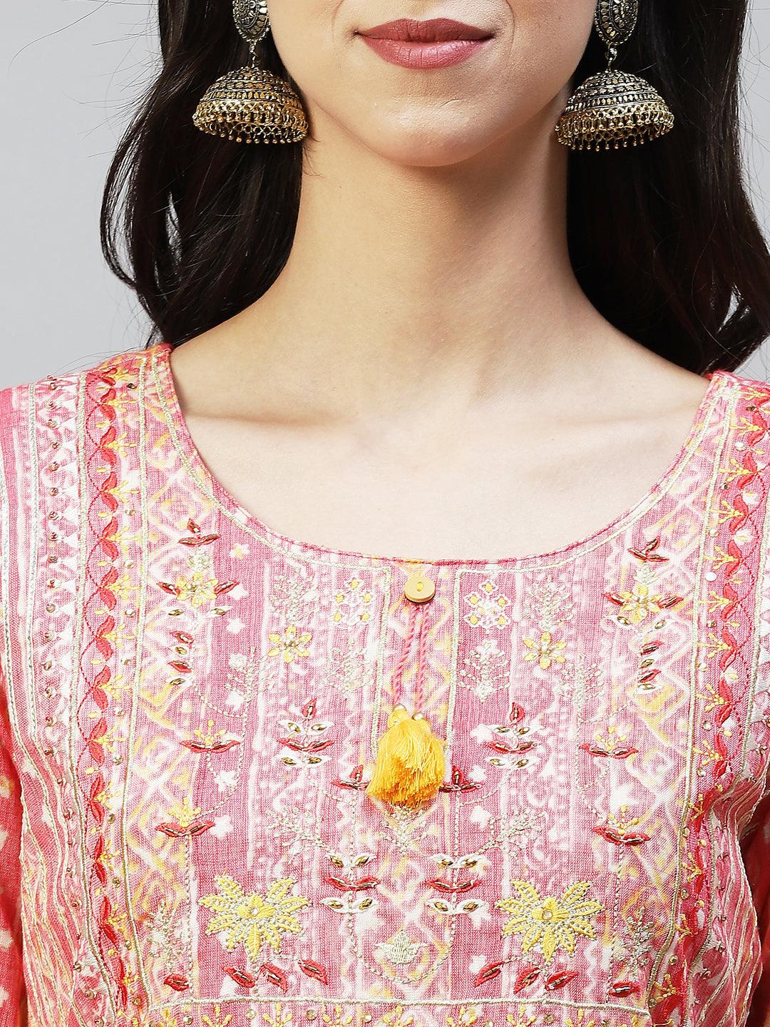 Ethnic Stripes Printed & Hand Embroidered Kurta with Pants & Dupatta - Pink - Indiakreations