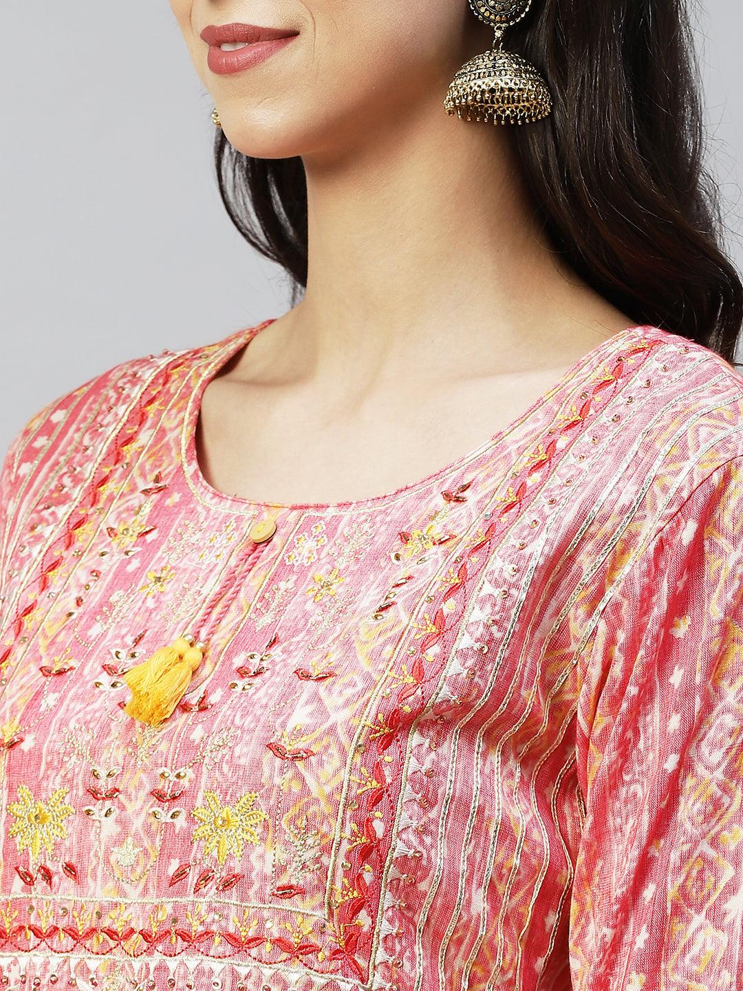 Ethnic Stripes Printed & Hand Embroidered Kurta with Pants & Dupatta - Pink - Indiakreations