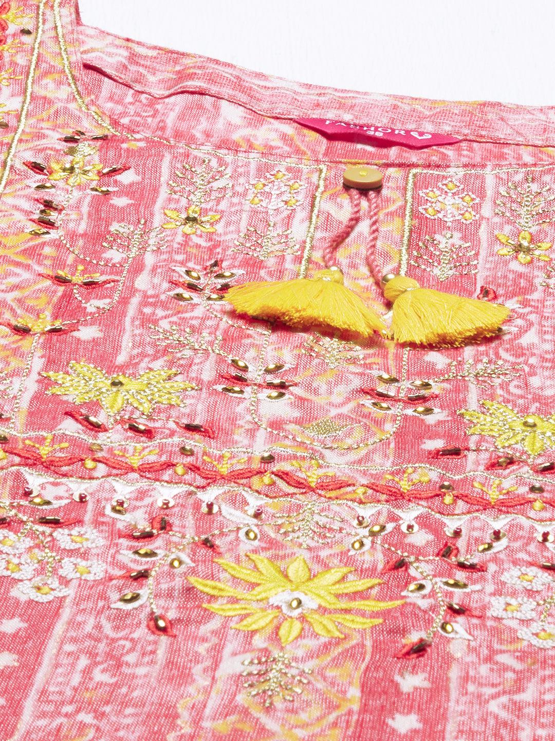 Ethnic Stripes Printed & Hand Embroidered Kurta with Pants & Dupatta - Pink - Indiakreations