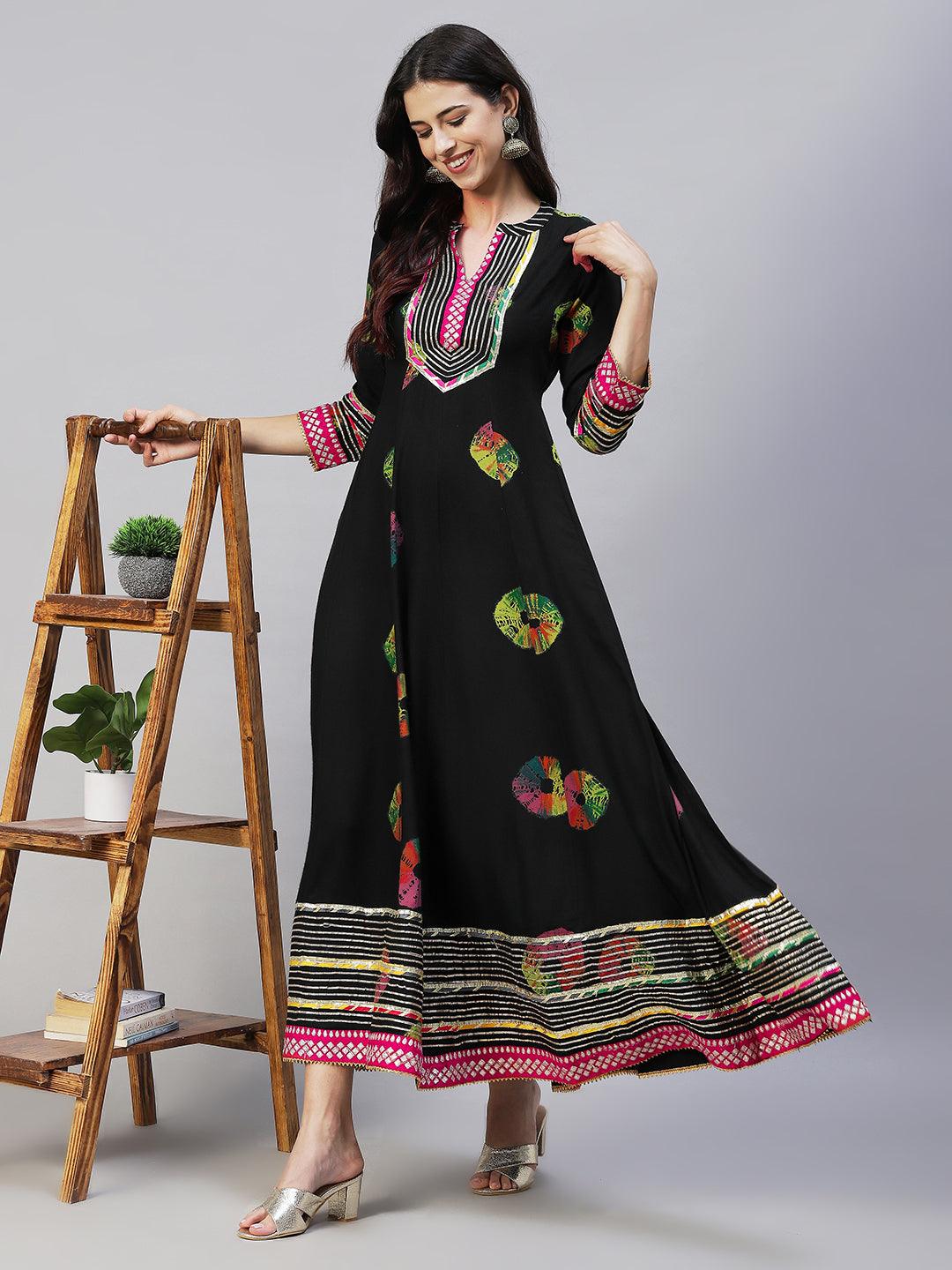 Ethnic Printed & Embroidered Anarkali Flared Maxi Dress - Black - Indiakreations