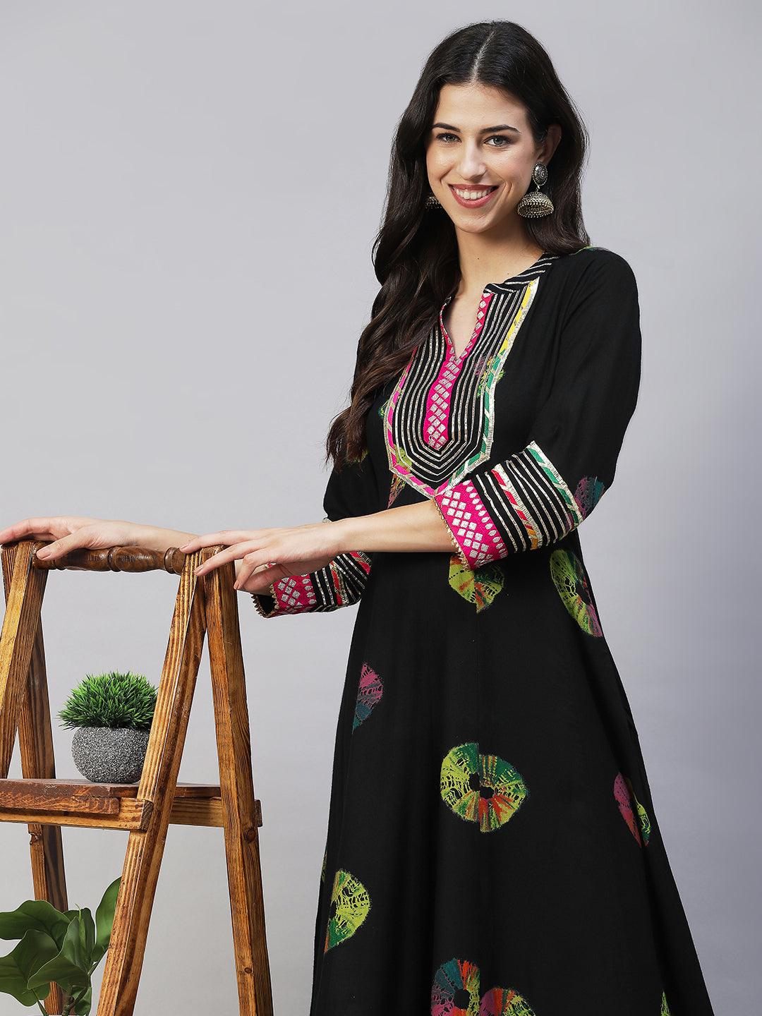 Ethnic Printed & Embroidered Anarkali Flared Maxi Dress - Black - Indiakreations