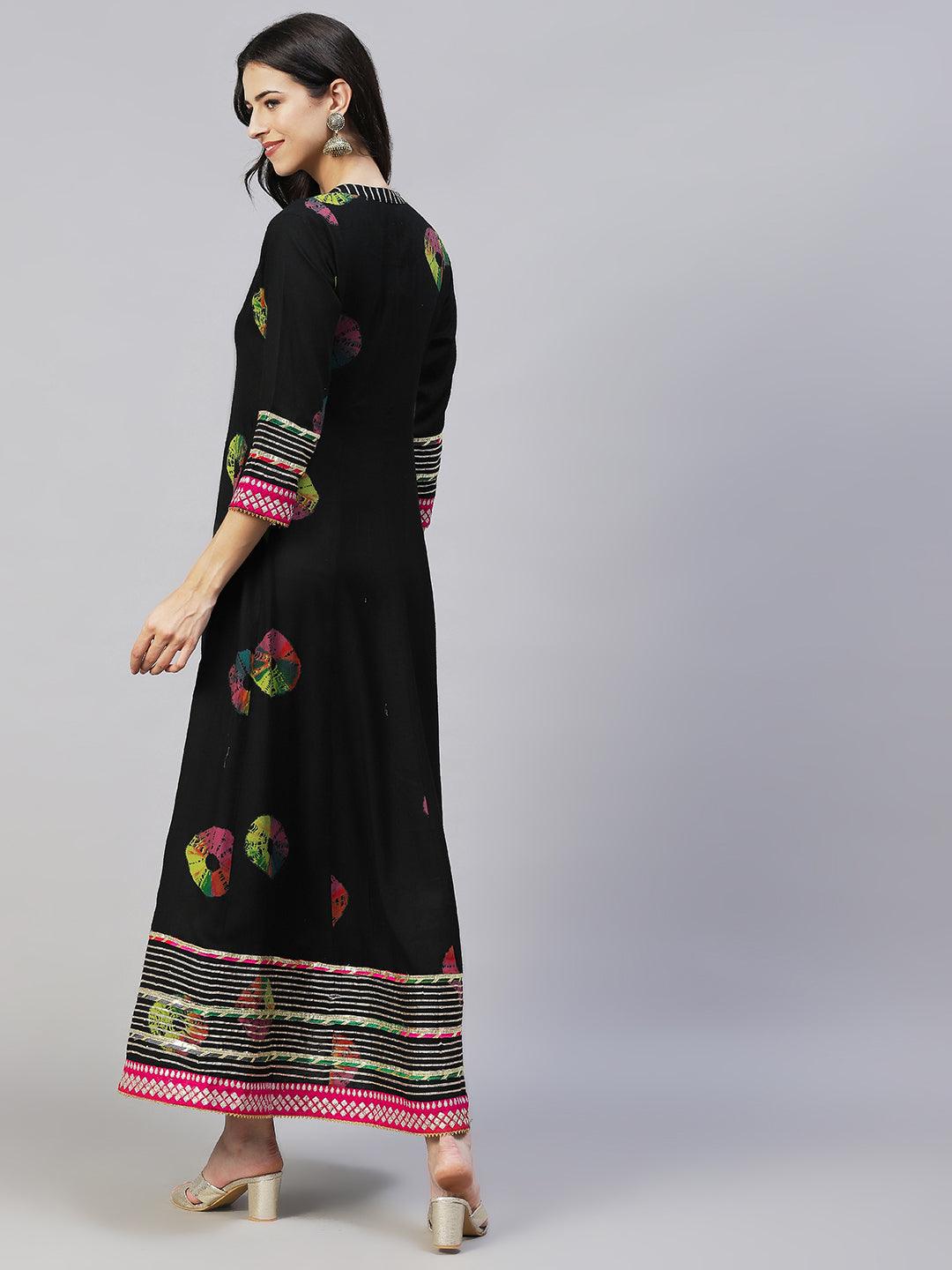 Ethnic Printed & Embroidered Anarkali Flared Maxi Dress - Black - Indiakreations