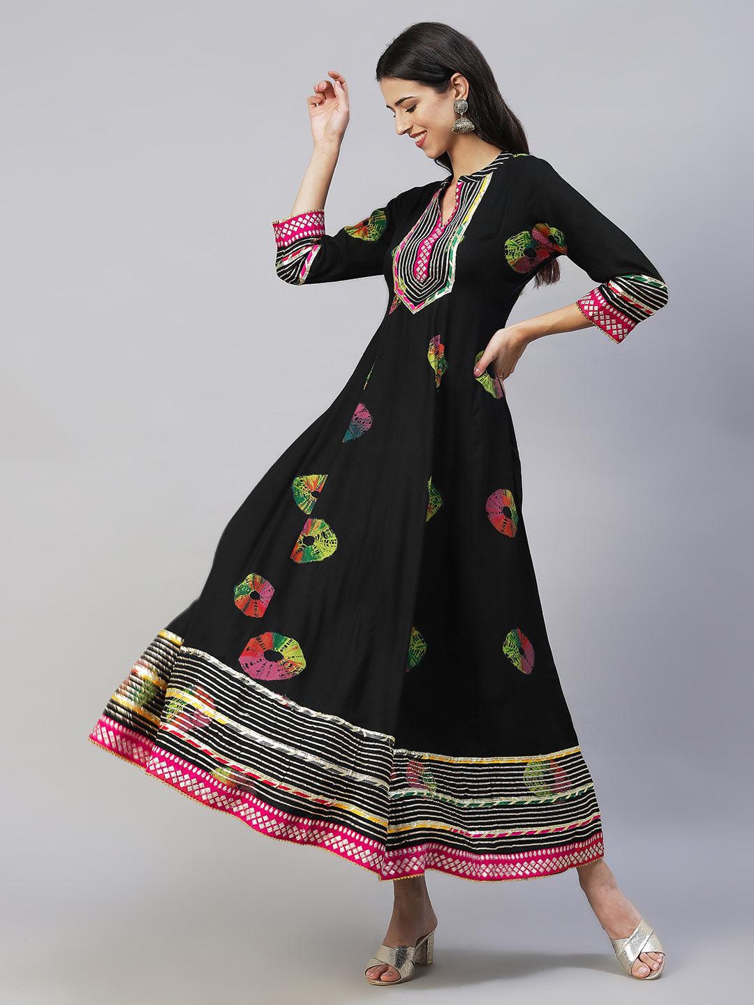 Ethnic Printed & Embroidered Anarkali Flared Maxi Dress - Black - Indiakreations