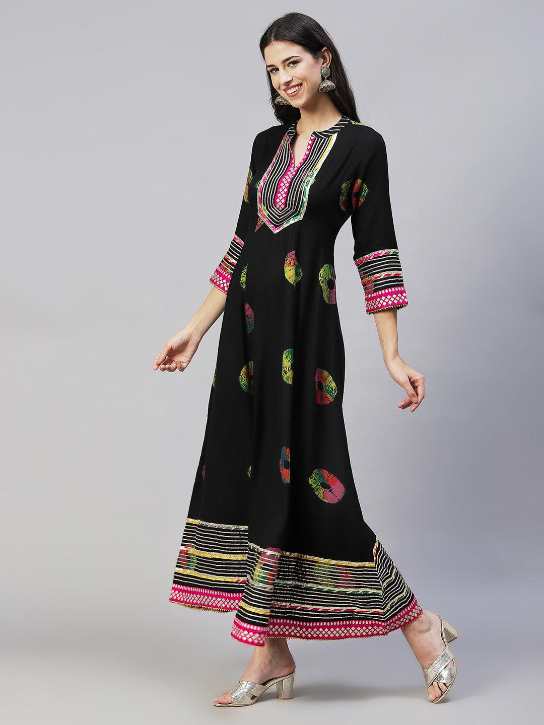 Ethnic Printed & Embroidered Anarkali Flared Maxi Dress - Black - Indiakreations