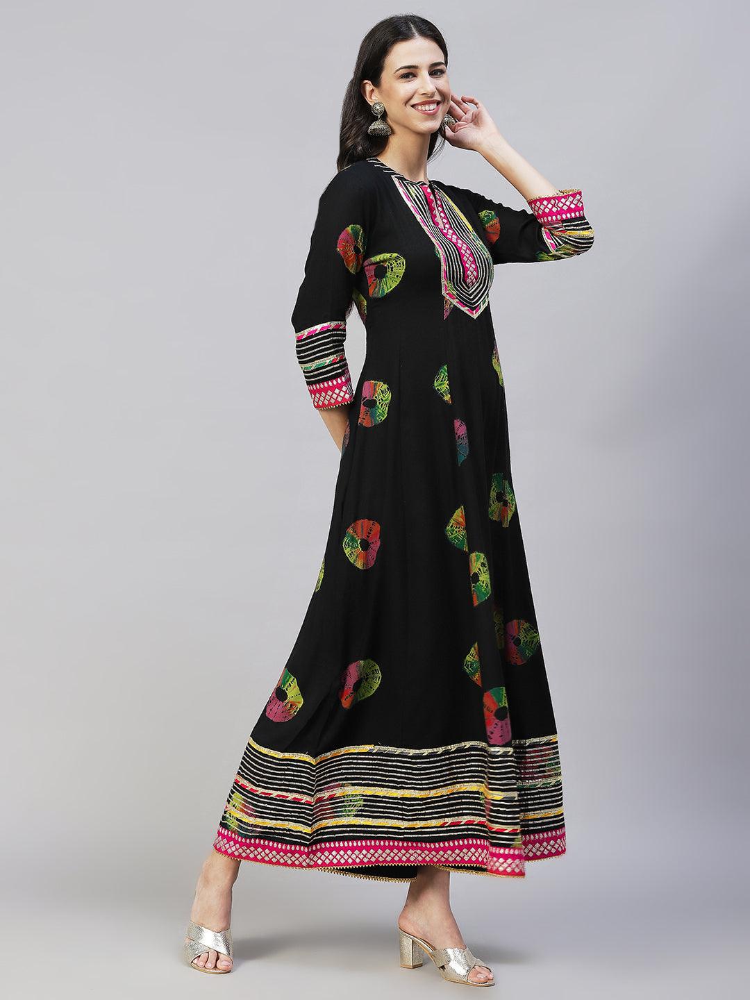 Ethnic Printed & Embroidered Anarkali Flared Maxi Dress - Black - Indiakreations