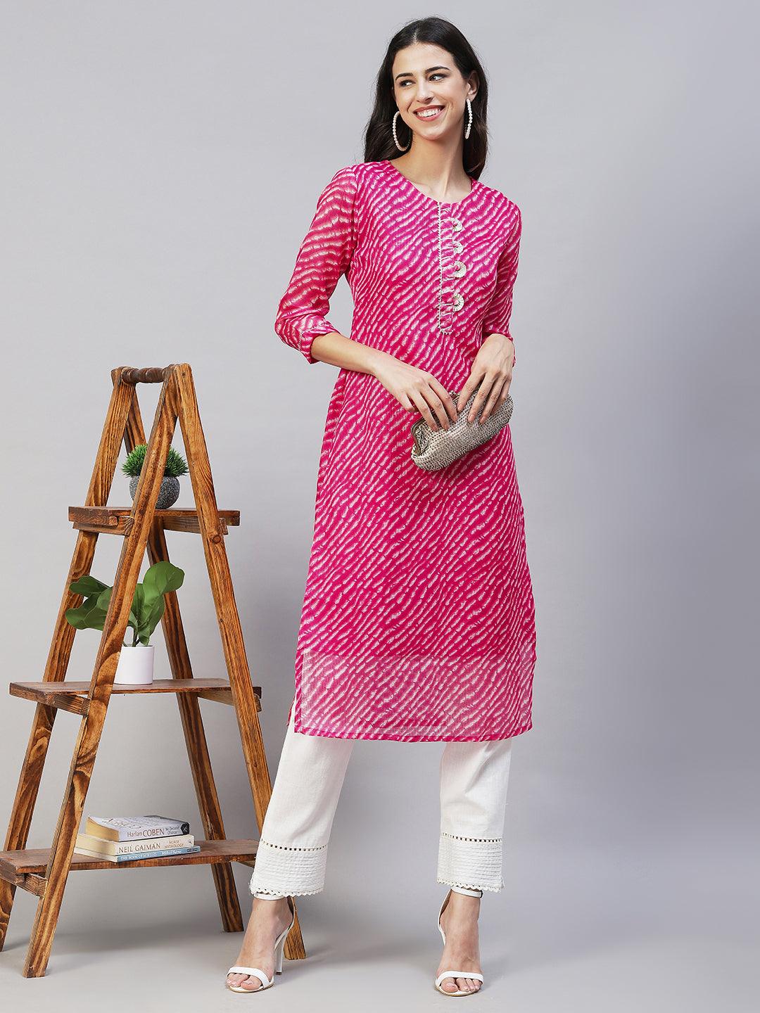 Leheriya Printed & Embroidered Straight Fit Kurta - Hot Pink - Indiakreations