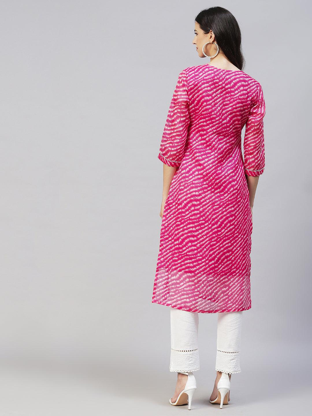 Leheriya Printed & Embroidered Straight Fit Kurta - Hot Pink - Indiakreations