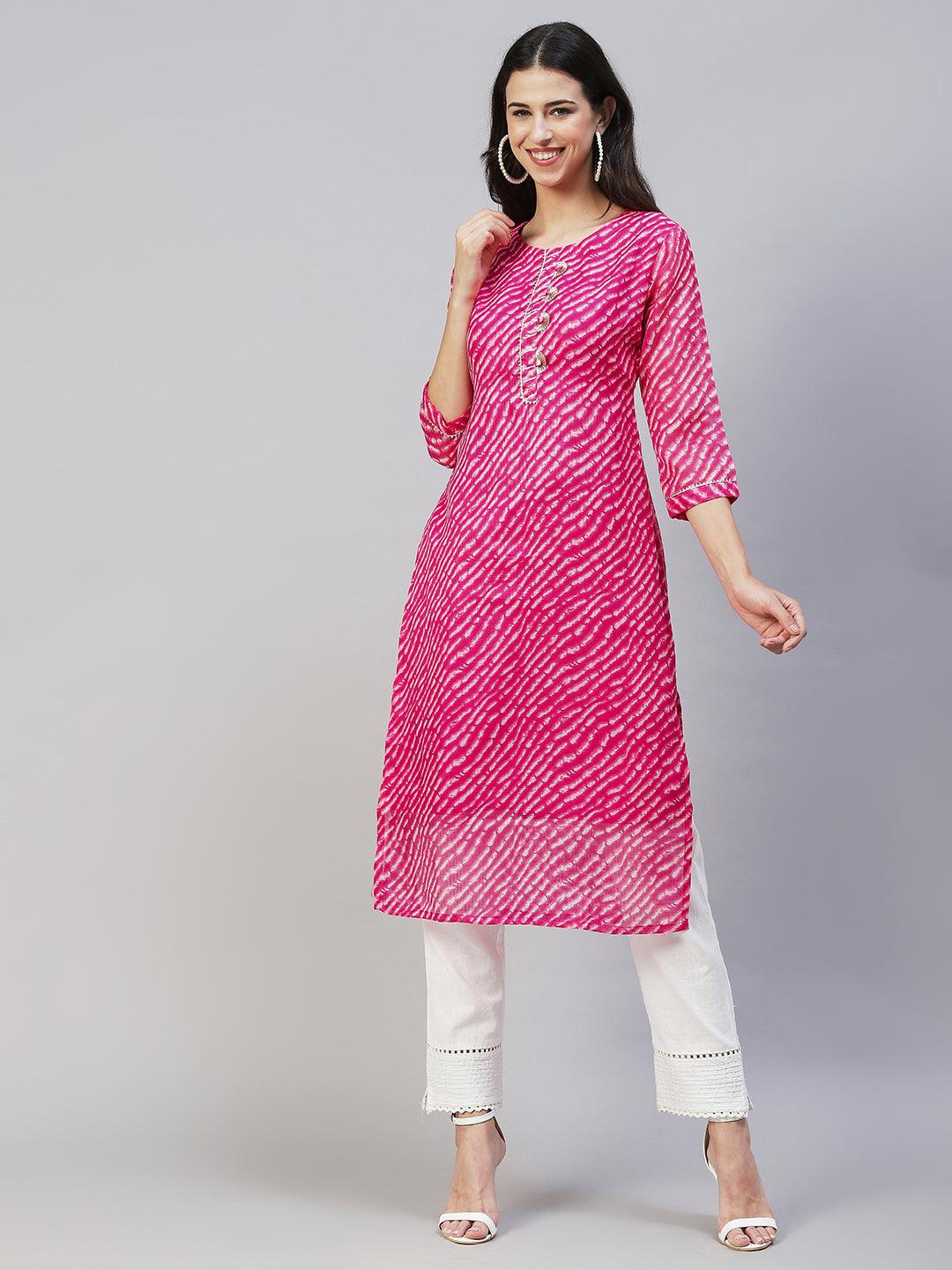 Leheriya Printed & Embroidered Straight Fit Kurta - Hot Pink - Indiakreations