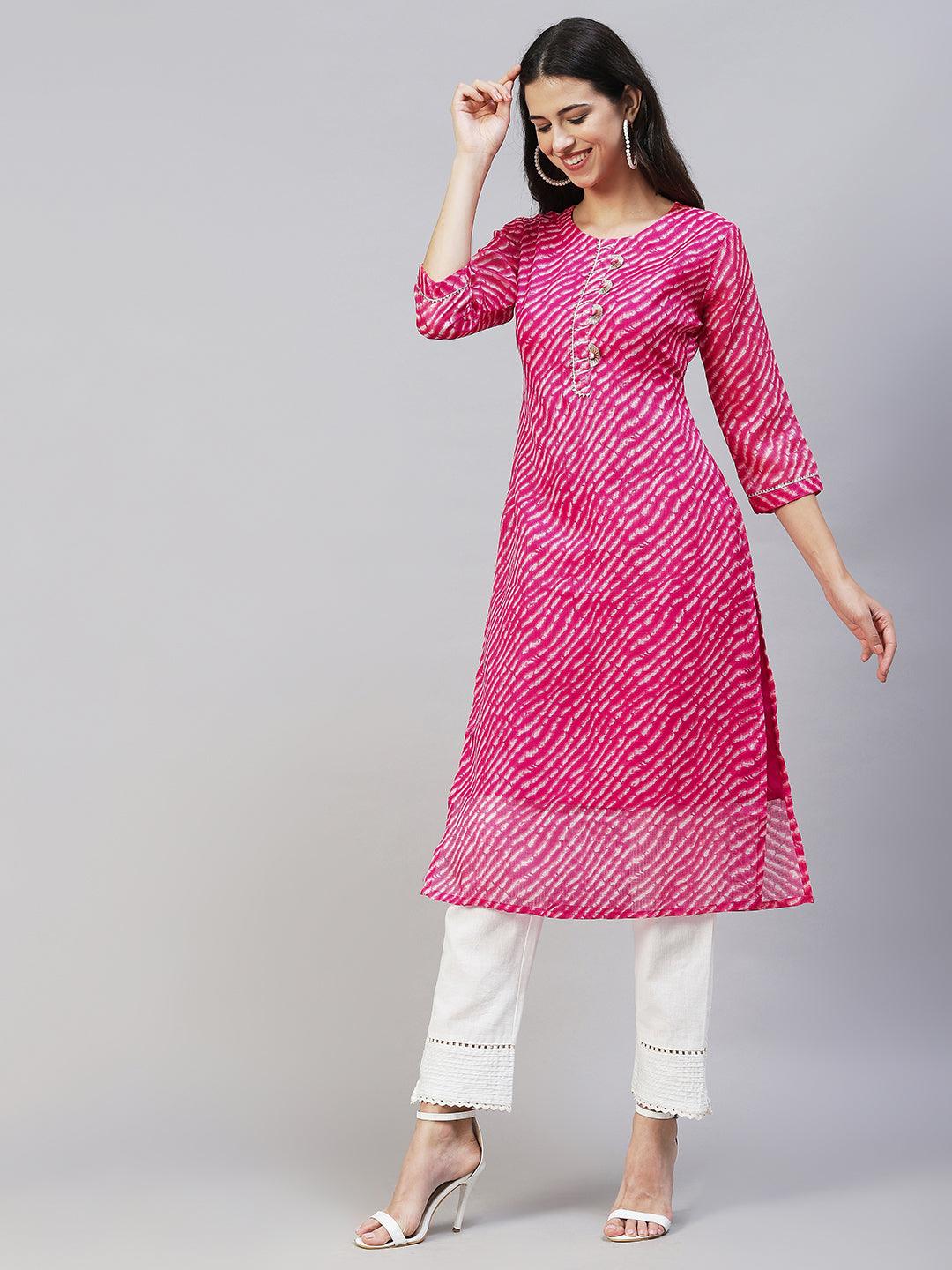 Leheriya Printed & Embroidered Straight Fit Kurta - Hot Pink - Indiakreations