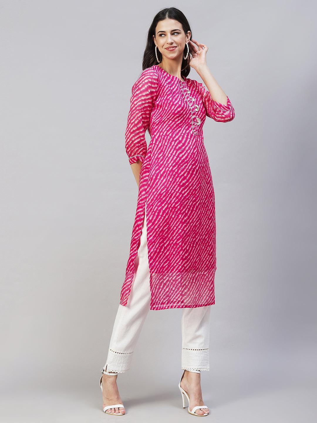 Leheriya Printed & Embroidered Straight Fit Kurta - Hot Pink - Indiakreations