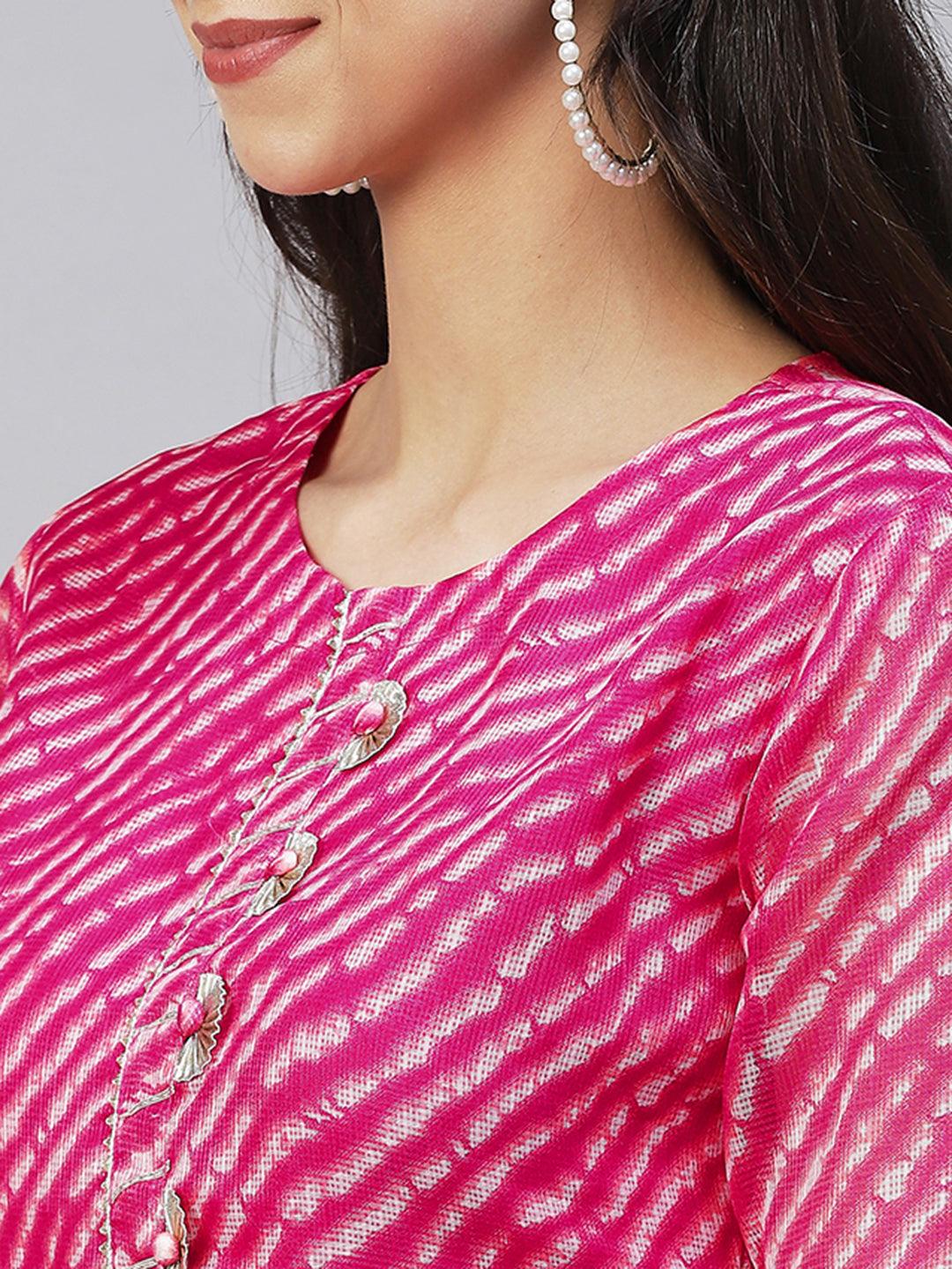 Leheriya Printed & Embroidered Straight Fit Kurta - Hot Pink - Indiakreations